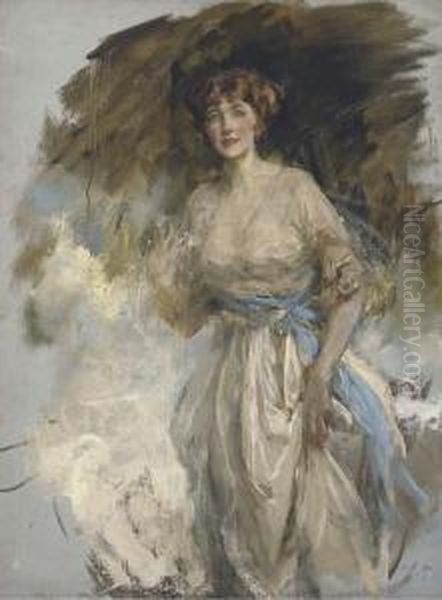 Portrait Of Lady Grace Dance, 
Three-quarter-length, In A Whitedress With Blue Waistband, A Sketch Oil Painting by James Jebusa Shannon