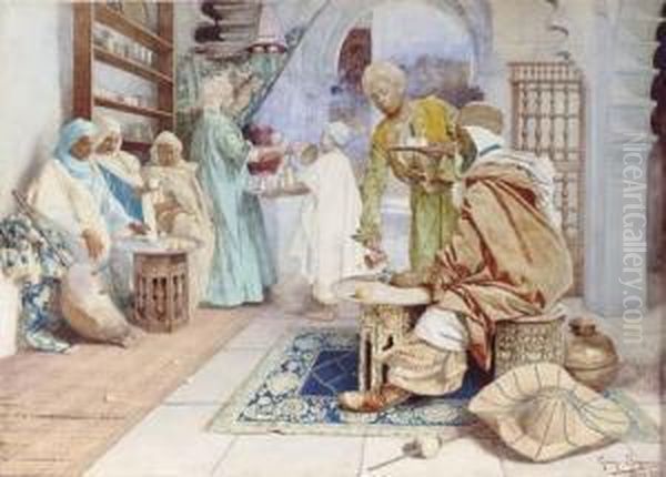 An Arab Cafe Oil Painting by Guiseppe Signorini