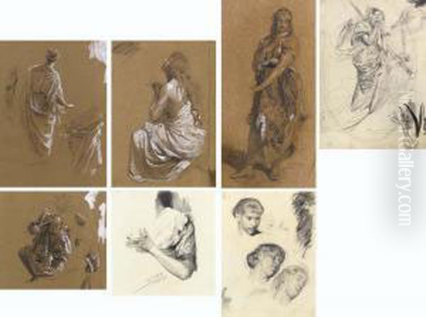 Six Figural Studies Including 
Studies Of A Woman's Head, The Sleeve Of A Dress, And A Kneeling Warrior
 And Drapery Studies Oil Painting by Franz Xaver Simm