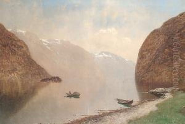 Rowing Across The Fjord Oil Painting by Ludvig Skramstad
