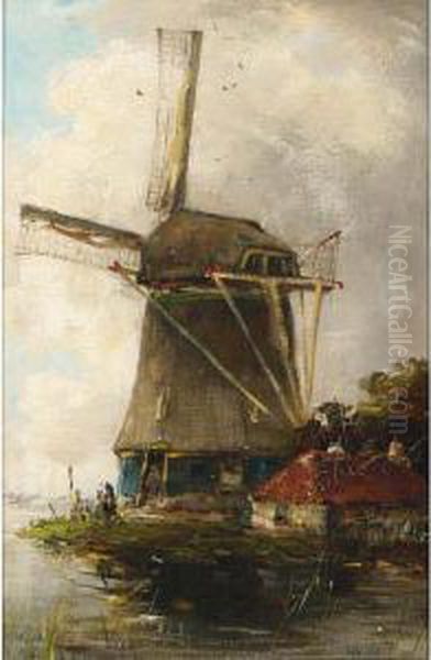 A Windmill In A River Landscape Oil Painting by Hobbe Smith