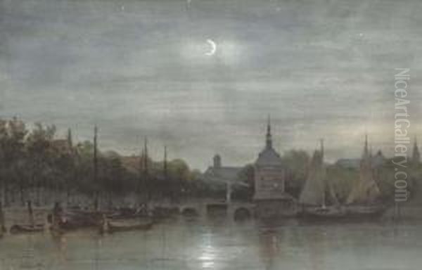 Alkmaar: The Harbour With The Accijnstoren By Night Oil Painting by Johan Gerard Smits