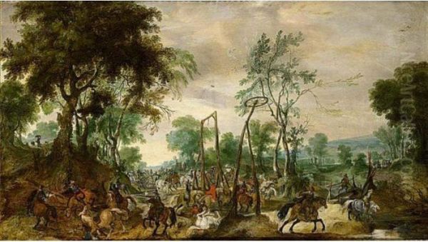 Wooded Landscape With A Calvalry Engagement Oil Painting by Pieter Snayers