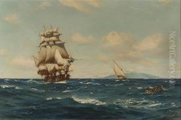 Frigate (latter End Of 18th. 
Century) Recovering Her Boat Which Had Been Lowered To Rescue A Man Oil Painting by Thomas Jacques Somerscales