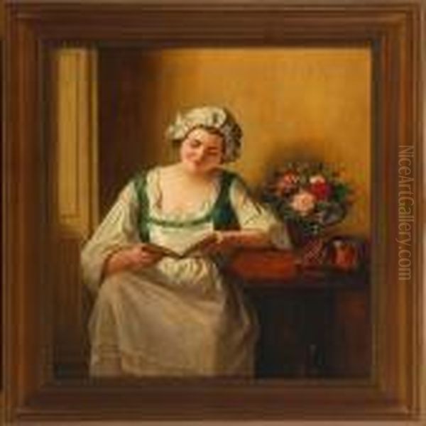 An Interior Scenery With Reading Lady Oil Painting by Albert Sorkau