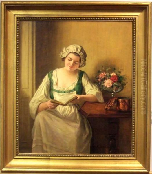 Interior Med Lasande Kvinna. Oil Painting by Albert Sorkau