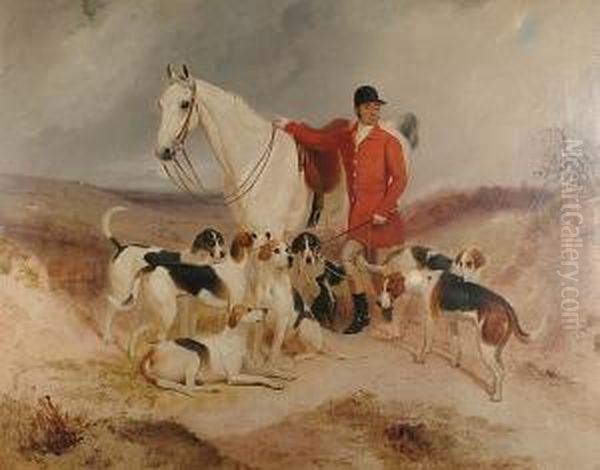 Dick Burton, Huntsman To The 
Tidworth Hunt, With His Hunter And Hounds In An Extensive Landscape Oil Painting by Charles Bilger Spalding