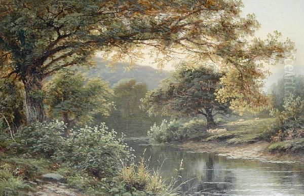 Sheep Grazing By A Riverbank; An Angler By Astream, A Pair Oil Painting by Thomas Spinks