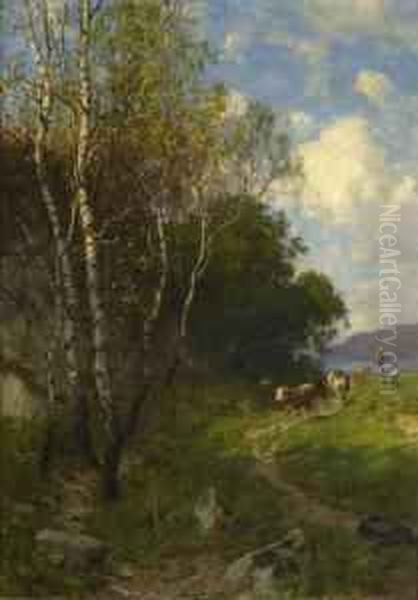 Hutejunge Mit Rindern In Baumlandschaft Oil Painting by August Karl Martin Splitgerber