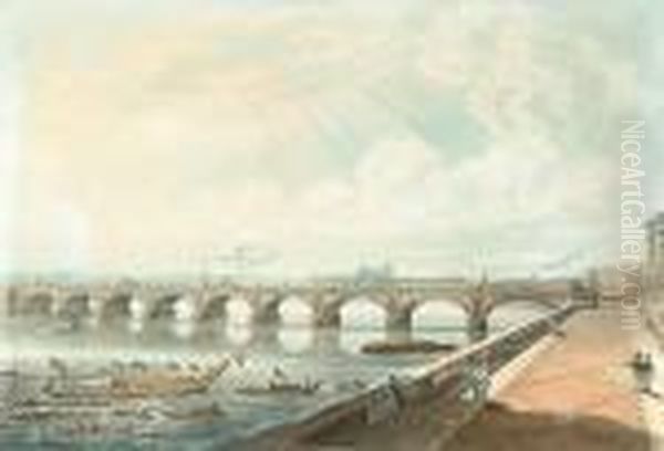After T H Shepherd, View Of Waterloo Bridge From The East End Of Somerset House Terrace Oil Painting by Joseph Constantine Stadler