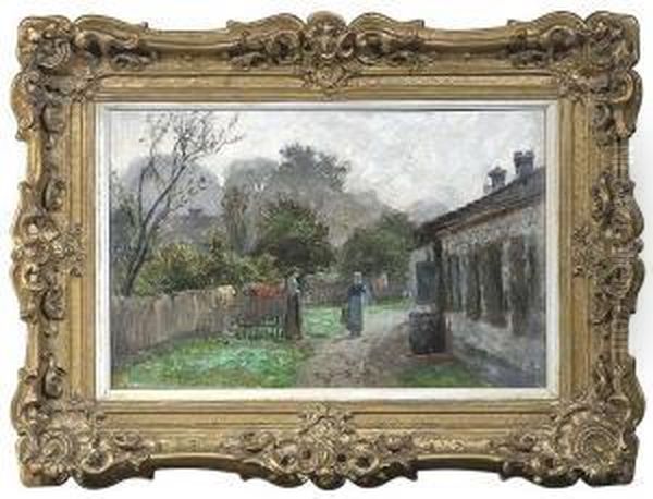 Summery Landscape Behind A 
Homestead With Two Countrywomen Conversing. Oil/cardboard, Signed And 
Inscribed Oil Painting by Theodore Clement Steele
