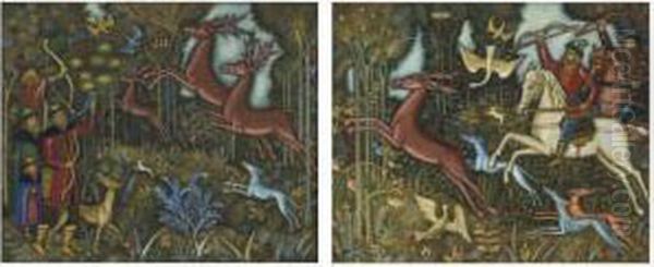 A Pair Of Hunting Scenes Oil Painting by Dimitri Semenovich Stelletsky