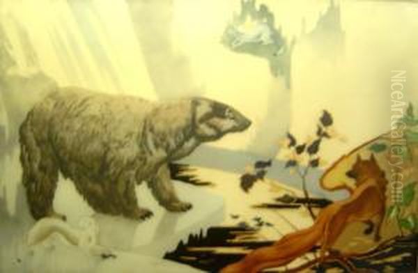 Peinture Sous Verre Figurant Un Ours Sur La Banquise, Un Renard Et Deux Hermines. Oil Painting by Fernand Steven