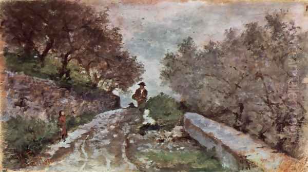 Street through the olive grove with two passers Oil Painting by Giovanni Fattori
