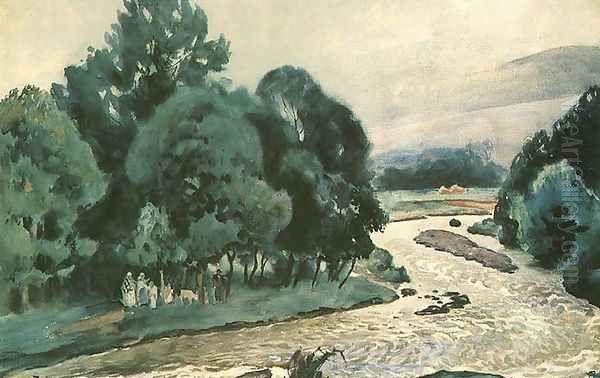 Summer Landscape with a River Oil Painting by Julian Falat