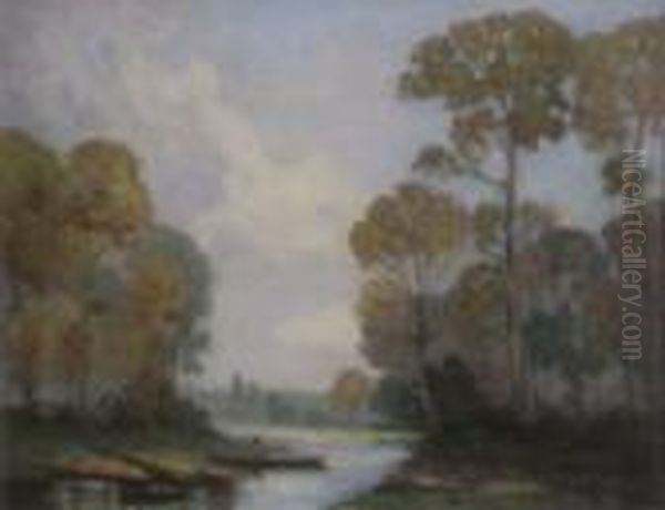Fishing On The River Initialled 13 X 16.5in Oil Painting by Edward William Stott
