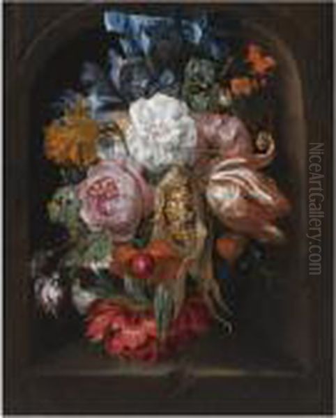 A Still Life Of A Corncob, 
Roses, A Parrot Tulip, Irises, And Otherflowers Suspended From A Blue 
Ribbon, In A Stone Niche Oil Painting by Ernst Stuven