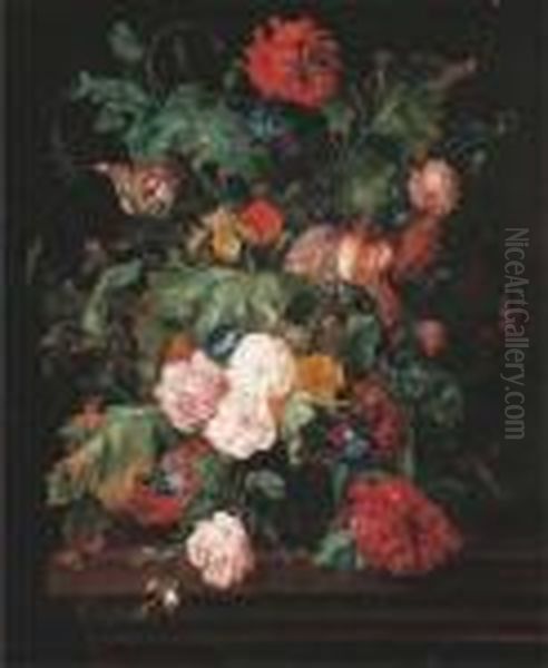 Roses, A Lily And Convulvulus In
 A Glass Vase, With Two Red Admiralbutterflies And A Caterpillar, On A 
Wooden Ledge Oil Painting by Ernst Stuven
