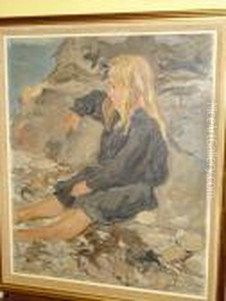 'bretagne Puerile', Study Of A 
Girl Seated On Rocks, Signed, Inscribed On Label On Reverse Oil Painting by Tancrede Synave