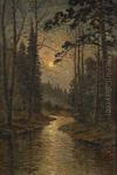 Aftonstamning Over Vattendrag I Skogsdunge Oil Painting by Eugen Taube