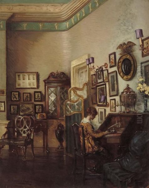 Woman At A Desk In An Interior Oil Painting by Albert Chevallier Tayler