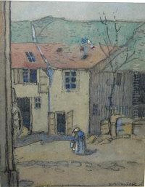 Scottish - Watercolour & 
Chalks Cottages And Figure In Foreground Signed Lower Right 28cm X 21cm Oil Painting by Ernest Archibald Taylor