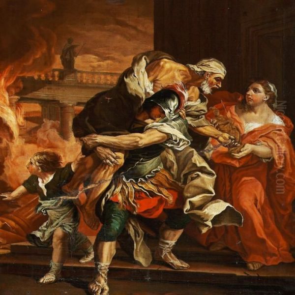 Aeneas Fleeing The Burning Troy Oil Painting by Pietro Testa