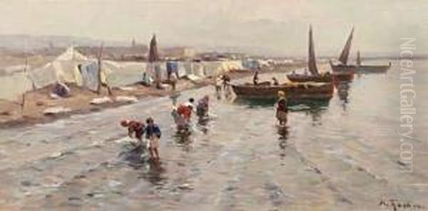 Washerwomen On The Beach Of Chiogga Oil Painting by Gustav Adolf Thamm