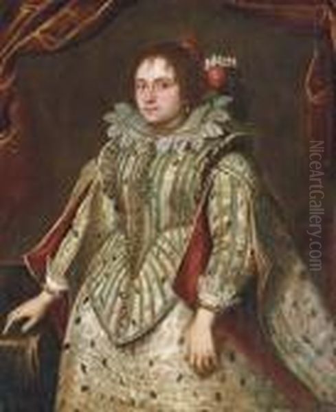 Portrait Of Lady, Three-quarter Length, In An Elaborate Silkdress Oil Painting by Domenico Tintoretto