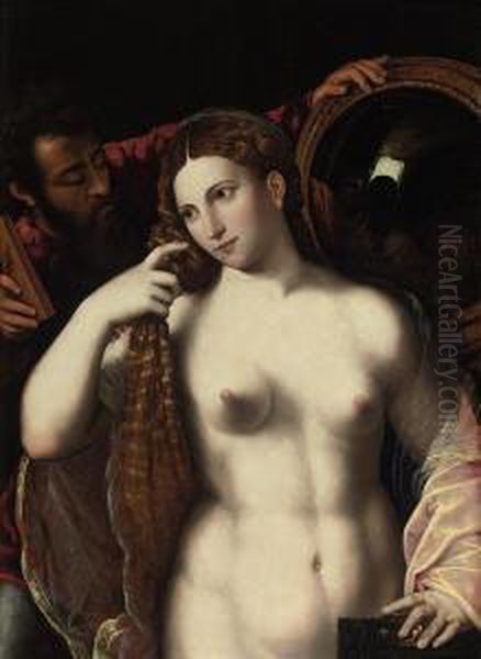 A Woman With A Mirror Oil Painting by Tiziano Vecellio (Titian)
