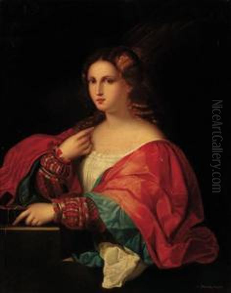 Portrait Of A Lady, Three-quarter-length, In Red And Bluerobes Oil Painting by Tiziano Vecellio (Titian)