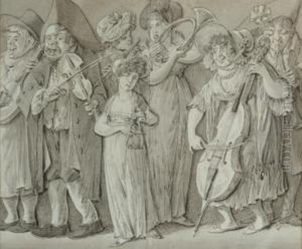 Groupe De Musiciens Et 
Musiciennes (recto); Etude D'une Femme Assise Et D'un Homme Chapeaute 
Debout (verso) Oil Painting by Rodolphe Toepffer