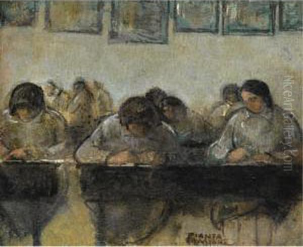 Women Working In An Interior Oil Painting by Theofrastos Triantafyllidis