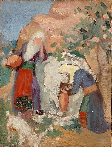 Women At The Fountain Oil Painting by Theofrastos Triantafyllidis