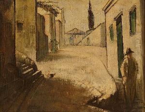 Figures On A Street Oil Painting by Theofrastos Triantafyllidis