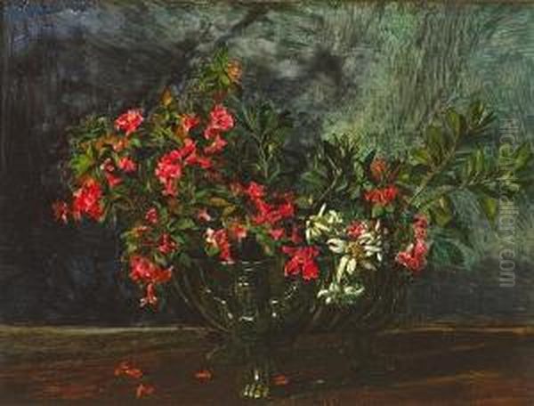 A Still Life With Red And White Flowers In A Ceramic Vase Oil Painting by Wilhelm Heinrich Trutbner