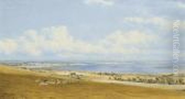 A View Of Hayling Island, 
Hampshire, Seen From The South Downs,with The Spire Of Chichester 
Cathedral In The Far Distance Oil Painting by William Turner