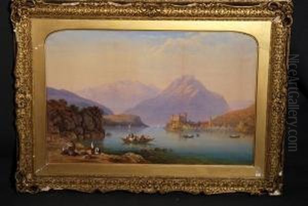 Scorcio Di Lago Laziale Con Paesecostiero E Gita Di Contadini Oil Painting by Charles Vacher