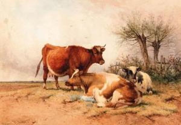 Cattle At Rest Before A Tree Oil Painting by Frederick E. Valter