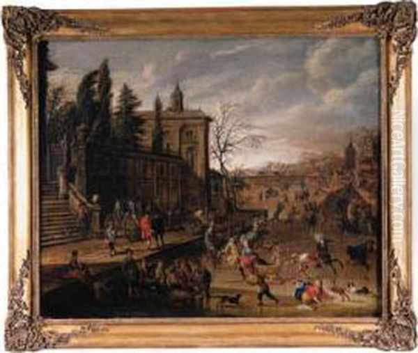 A Frozen Canal Before An 
Italianate Terrace, With Townsfolkdisporting And Noblewomen On Sledges, A
 Town Beyond Oil Painting by Peeter van Bredael