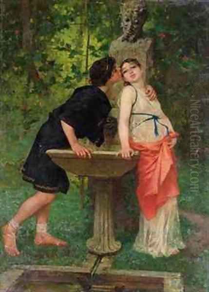 Lovers by a Fountain Oil Painting by Modesto Faustini