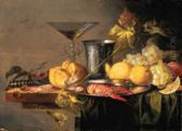 Crayfish And Prawns On A Pewter 
Plate, A Beaker, A Faon De Venisewineglass, A Roll, A Knife, Lemons, 
Grapes, Cherries And Otherfruit On A Partly Draped Table Oil Painting by Jasper van der Lanen