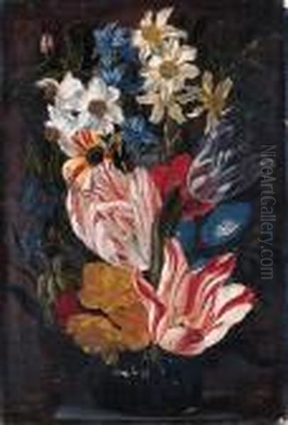 Tulips, Roses, Anemones, 
Daffodils, Hyacinths, Morning Glory Andother Flowers In A Glass Vase On A
 Stone Ledge Oil Painting by Jasper van der Lanen
