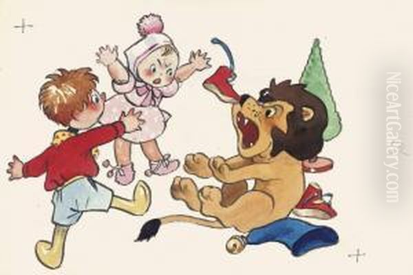 Noddy Rescuing A Doll From Being Attacked By A Lion Oil Painting by Harmsen Van Der Beek