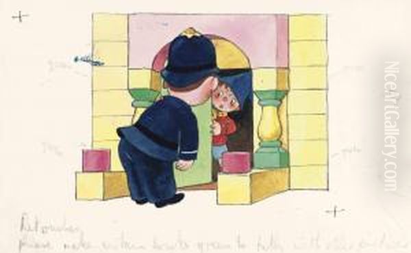 Noddy Opening His Front Door To Mr Plod Oil Painting by Harmsen Van Der Beek