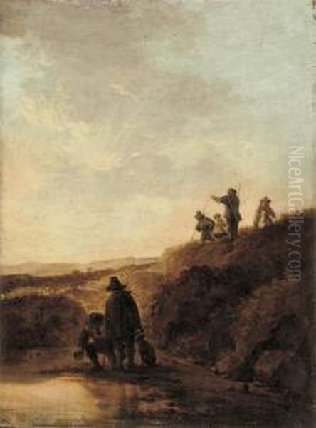 A Dune Landscape With Figures Near A Pool And Others Watching In The Distance Oil Painting by Anthony Jansz. Van Der Croos