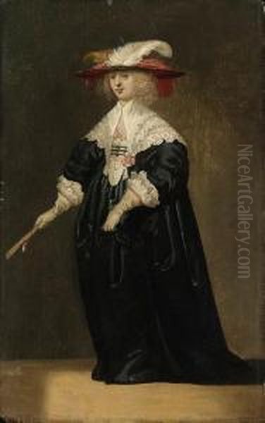 Portrait Of A Lady, Small 
Full-length, In A Black Dress And Afeathered Hat, Holding A Fan Oil Painting by Jacob Fransz van der Merck