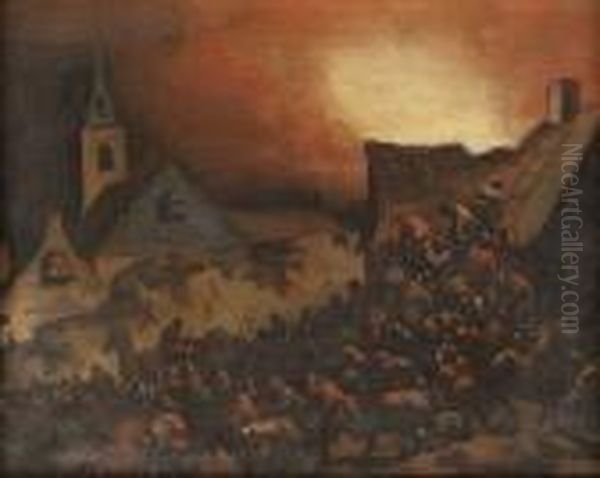 A Fire In A Hamlet At Night Oil Painting by Adriaen Lievensz van der Poel