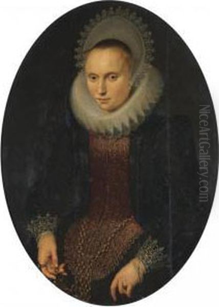 Portrait Of A Lady, Half-length,
 Wearing A Red And Black Richly Embroidered Jacket, A White Ruff And A 
White Headdress Oil Painting by Cornelis van der Voort