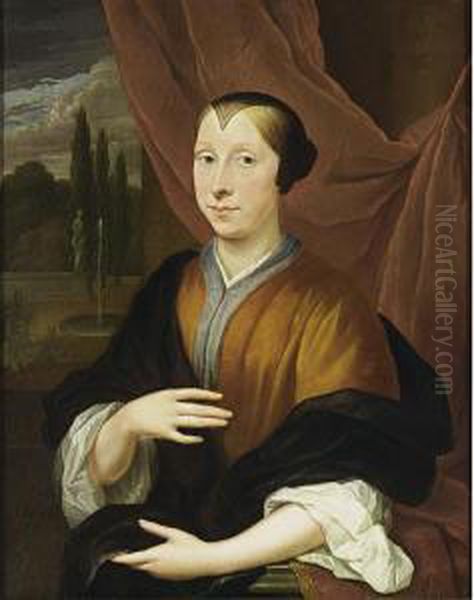 A Portrait Of A Lady, Standing 
Half Length, Wearing A Orange Dress With A White Blouse, A Black Shawl 
And Headdress, A Park Landscape With A Fountain Beyond Oil Painting by Thomas van der Wilt